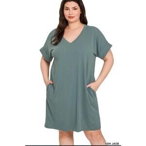 Zenana NWOT Ash Jade Brushed DTY Rolled Short Sleeve V-Neck Dress Sizes 1X-3X